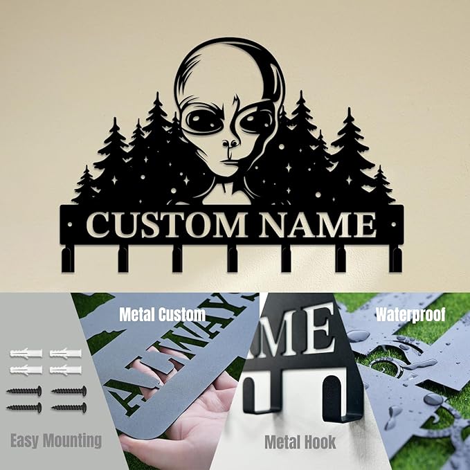 Personalized Custom Alien ET Metal Wall Keys Hooks,Clothes Hooks Alien ET Art Coat Racks,Door Holder,Black Alien ET Decorations for Home,Entrance Doors,Hallway, Bedroom,Keys,Hats (Style B)