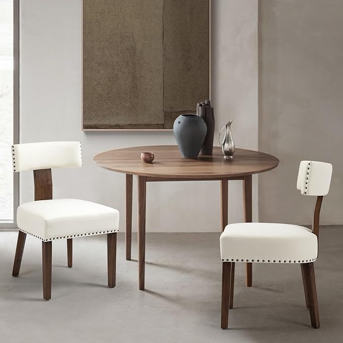 Upholstered Wooden Farmhouse Dining Chairs Set of 2, Mid-Century Modern Fabric Dining Room Chairs with Wood Legs, Curved Backrest Kitchen Armless Accent Chairs for Living Room, Beige