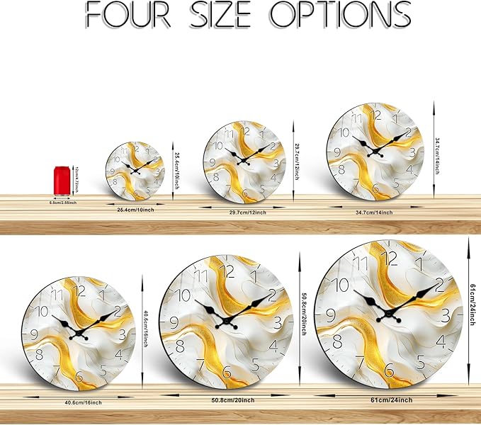 Modern Marble Texture Wooden Wall Clock for Living Room Decor 14 Inch Round Wall Clock Non - Ticking for Office, Home (Battery Operated)