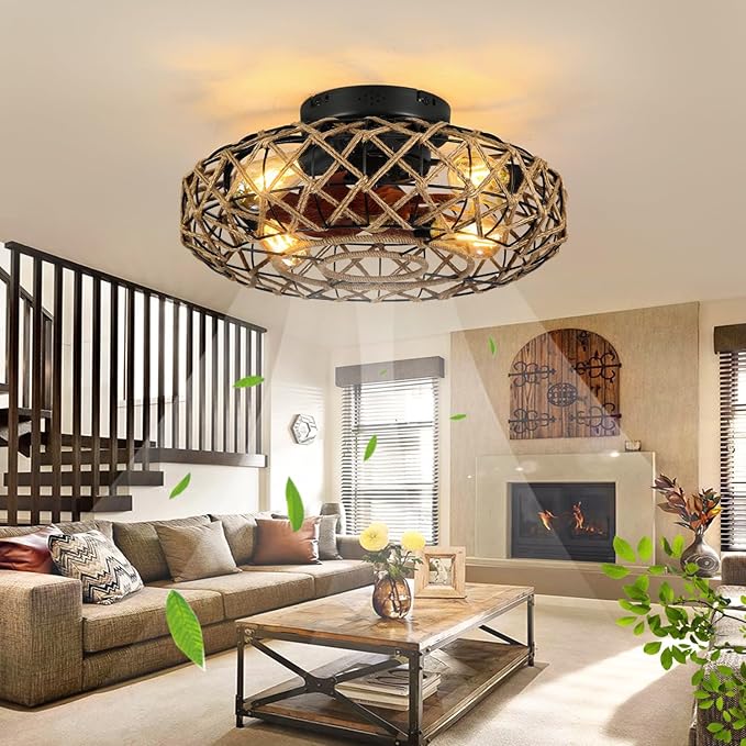 20''Rustic Hemp Rope Caged Ceiling Fans with Lights and Remote Hand-Woven Rattan Flush Mount Ceiling Fan with Light Farmhouse Boho Include Bulbs 6 Speeds Reversible for Bedroom,Kitchen Island