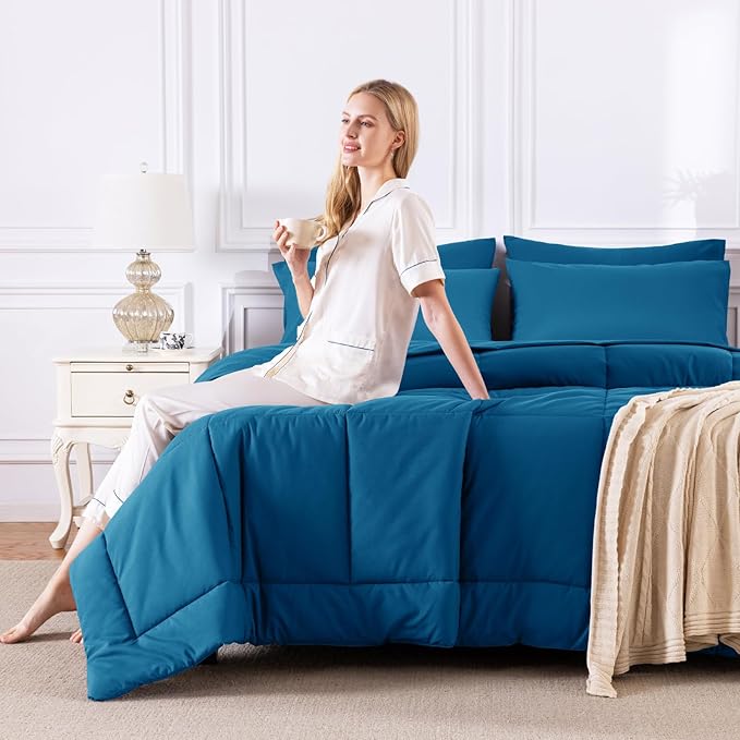 CozyLux King Size Comforter Set Teal, 7 Pieces Bed in a Bag, Teal Comforter King Size, All Season Bedding Sets with Stitch Quilted Comforter, Flat Sheet, Fitted Sheet, Pillowcases