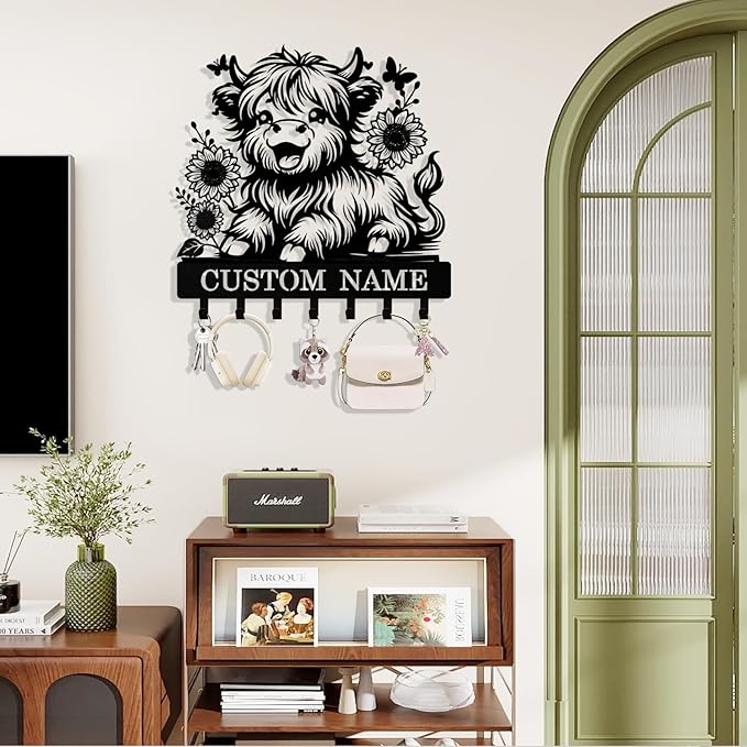 Personalized Highland Cow Key Holder Wall Mount, Custom Metal Keys Hanger for Wall with Name, Custom Key Rack Holder with Hooks for Home, Entryway, Front Door, Living Room, Kitchen, Bathroom