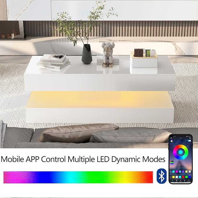 Uspeedy 47.3in Large High Glossy LED Coffee Table with 2 Storage Drawers,Black/White Modern Coffee Tables for Living Room,Living Room Tables,APP LED Lights (White)