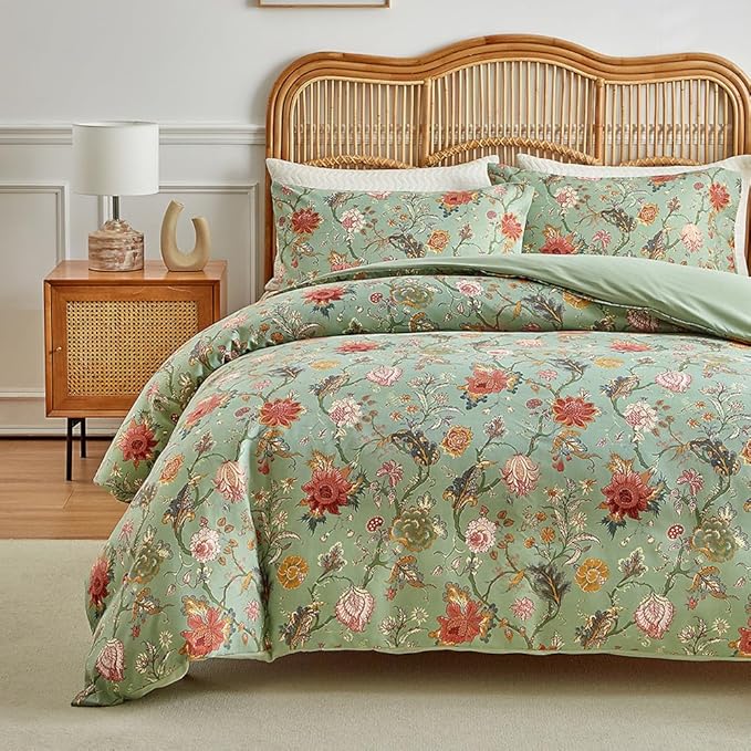 EAVD Vintage Garden Floral Comforter Set Full Green Soft Microfiber Chic Vibrant Floral Bedding Comforter Set 1 Full Bed Comforter and 2 Pillowcases Fresh Botanical Comforter Set for All-Season