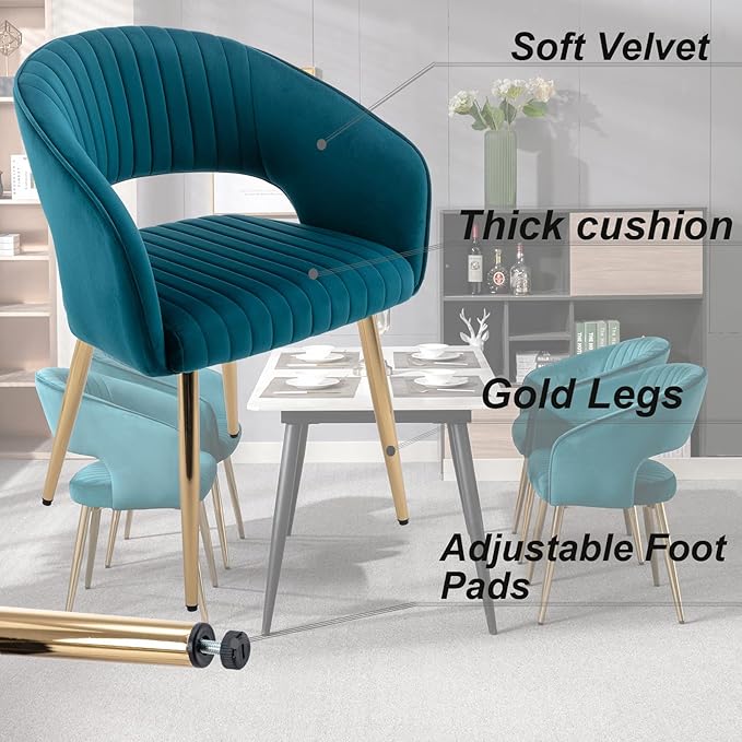 Modern Velvet Dining Chairs Set of 8, Upholstered Gold Dining Chairs with Hollow Back, Dining Room Chairs with Gold Legs, Accent Armrest Kitchen Chairs for Living Room Reception Teal Blue