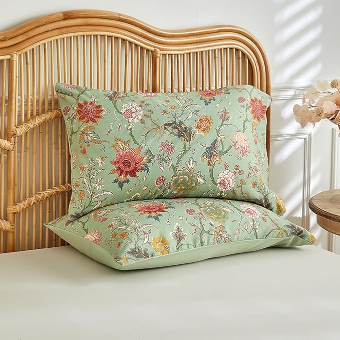 EAVD Vintage Garden Floral Comforter Set Queen Green Soft Microfiber Chic Vibrant Floral Bedding Comforter Set 1 Queen Bed Comforter and 2 Pillowcases Fresh Botanical Comforter Set for All-Season