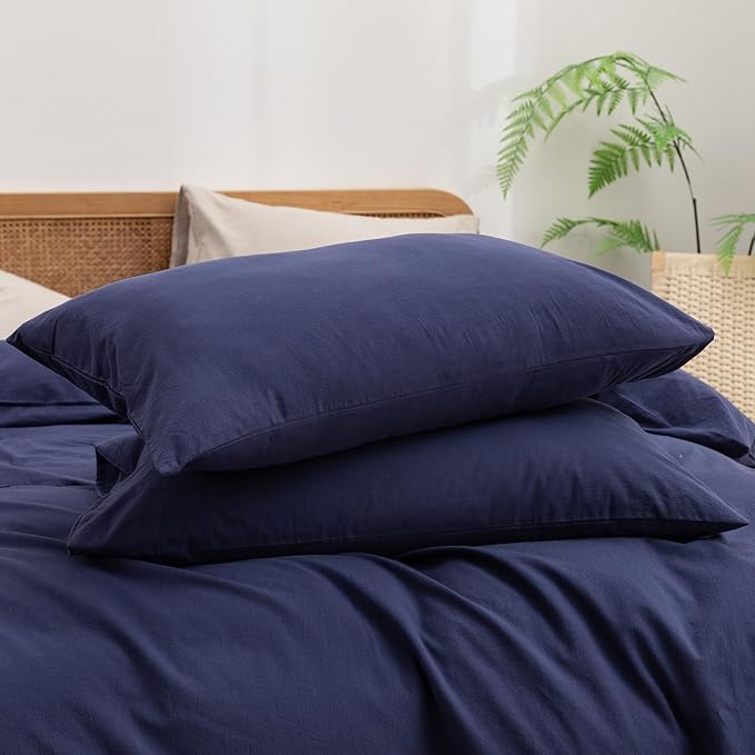BESTOUCH Duvet Cover Set 100% Washed Cotton Linen Feel Super Soft Comfortable Chic Lightweight 3 PCs Home Bedding Set Solid Navy Blue Oversized Queen