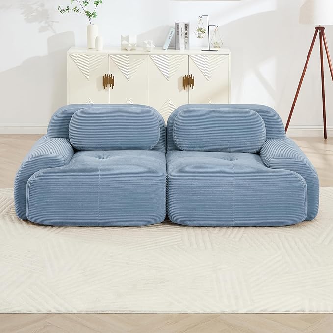 80" Modern Compressed Boneless Love Seat Couches, 2 Seater Large Sectional Couches for Living Room, Blue Corduroy Cloud Modular Sectional Sofa, Memory Foam, Extra Deep Loveseat, No Assembly