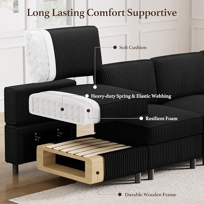 114.2" U Shaped Sectional Sofa,6 Seat Corduroy Couch,Comfy Modular Sectional Sofa with Storage Movable Ottoman Chaise,Upholstered Sectional Couches for Living Room,Black