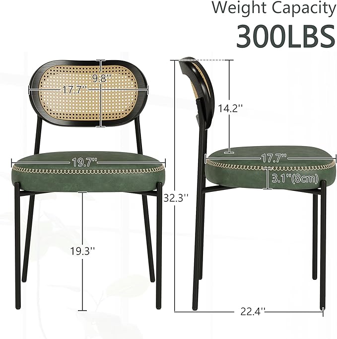 Rattan Dining Chairs Set of 2, Green Leather Upholstered Dining Chairs with Rattan Cane Back, Mid Century Modern Dining Room Chairs with Black Metal Legs & D-Shaped Thicken Cushion, Green