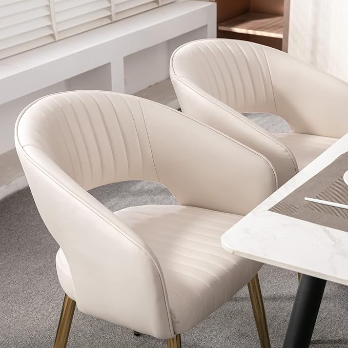 Modern Dining Chairs Set of 6, Upholstered PU Leather Gold Dining Room Chairs with Hollow Back, Accent Armrest Kitchen Chairs with Gold Legs for Living Room Cream
