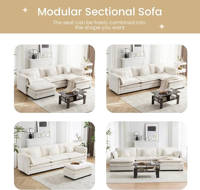 147.8" U Shaped Modular Sectional Sofa, Comfy Cloud Couch with Movable Ottoman, Deep Seat Modular Sofa, Sectional Couches for Living Room, Bedroom, Apartment (Beige)