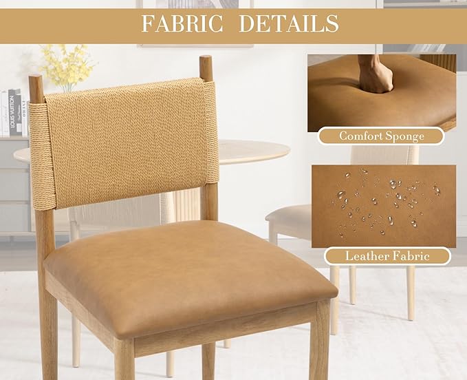 CIMOTA Faux Leather Modern Dining Chairs Set of 2, Mid Century Upholstered Dining Room Chairs with Woven Back, Armless Kitchen Chairs with Natural Solid Wood Legs, PU Brown
