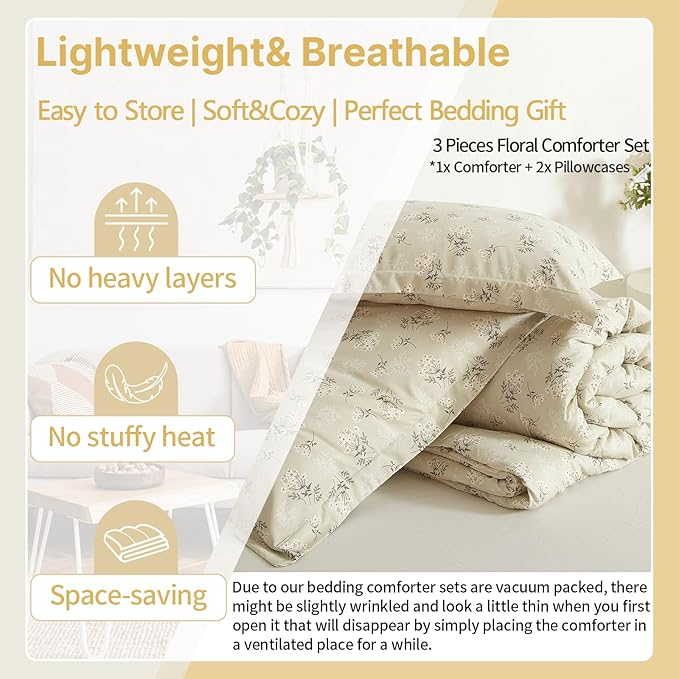 EAVD Boho Floral Comforter Set Queen Soft Washed Microfiber Garden Beige Floral Bedding Queen Comforter Set Reversible Botanical Bedding Set with 2 Pillowcases