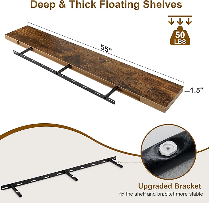Fun Memories 55 Inch Fireplace Mantel - Long Floating Shelf, Wall Mounted Farmhouse Display with Invisible Heavy Duty Metal Bracket, Brown