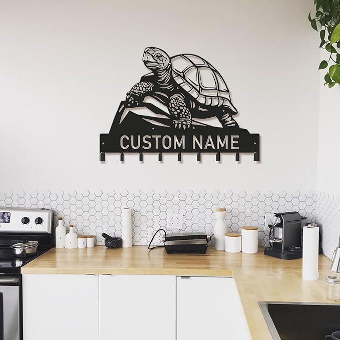 Custom Tortoise Metal Key Holder for Wall, Personalized Family Name Metal Sign with Hooks, Entryway Coat Rack and Organizer for Keys, Leashes, Hats (Style-2)