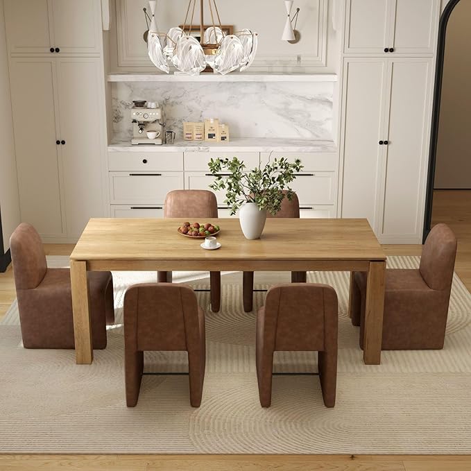 Brown Upholstered Leather Dining Chairs Set of 6, Mid Century Modern Dining Room Chairs with Deep Seat & Curved Back, Armless Side Chair Comfy Kitchen Chairs for Living Room/Kitchen