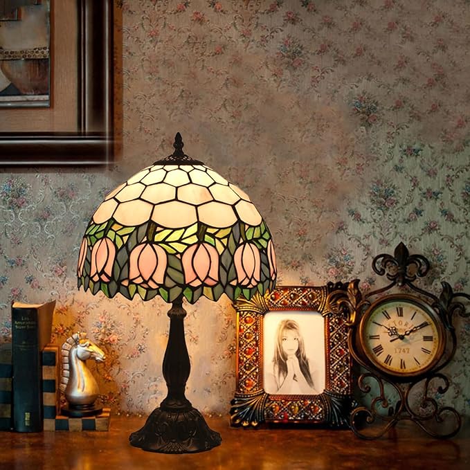 Tiffany Table Lamp,Pink Tulip Stained Glass Table Lamps for Bedroom Bedside 3 Color Temperatures Nightstand Lamp, for Living Room,Dining Room,W/LED Bulb, Mothers Gifts,12X12X19Inch