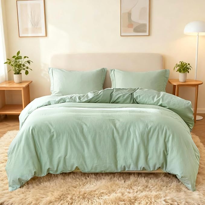 Simple&Opulence French Linen Duvet Cover Set 68" x 86"- 2 Pieces (1 Comforter Cover,1 Pillowcase)- Natural Flax Cotton Blend-Solid Color Breathable Farmhouse Bedding-Mint Green, Twin