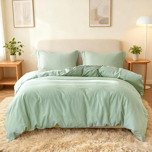 Simple&Opulence French Linen Duvet Cover Set 68" x 86"- 2 Pieces (1 Comforter Cover,1 Pillowcase)- Natural Flax Cotton Blend-Solid Color Breathable Farmhouse Bedding-Mint Green, Twin