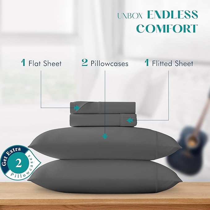 XOOX Linen 100% Egyptian Cotton Sheets California King Size - 1200 Thread Count 4 PC Cal King Sheet Egyptian Cotton, Cooling Sateen Sheets, High Thread Count Sheet California King - Dark Grey