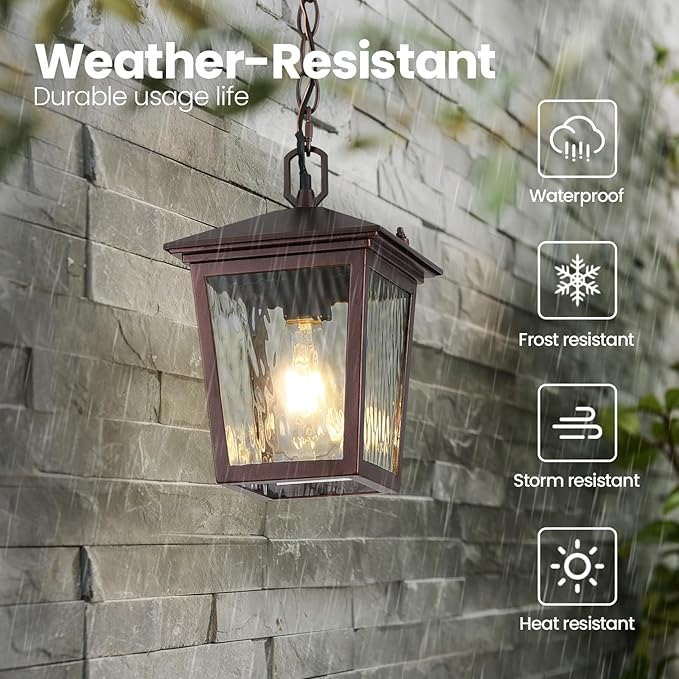 Outdoor Pendant Light, Brown Outdoor Porch Light fixtures with Anti-Rust, Coffee Exterior Hanging Lantern, Height Adjustable Outside Chandelier with Water Glass for House Patio Garage