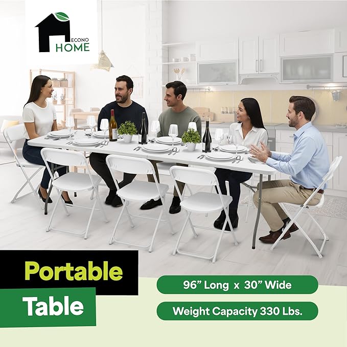 EconoHome White 8ft Folding Table with Handle | Heavy-Duty Foldable Table | Portable Table for Indoor & Outdoor Use | Perfect for Events, Camping, Parties, Dining & More