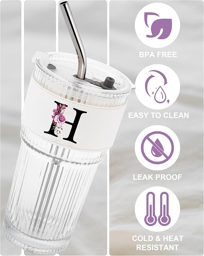 Initial Glass Straw Cup with Lid Ribbed Ice Tea Coffee Matcha Latte Tumbler Women Her Sister Girlfriend Gf Aunt Best Friend Friendship Bestie Wife Cute Birthday Asthetic Unique Personalized Gift H