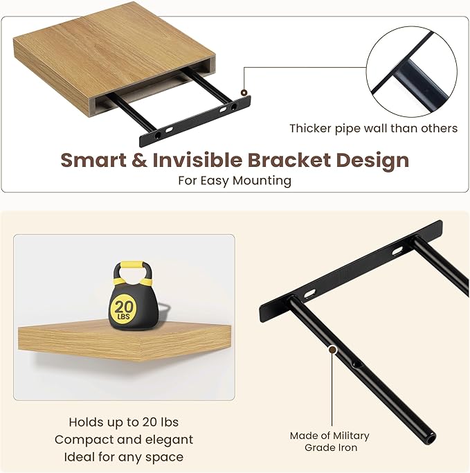 Fun Memories Floating Shelves for Wall - 7.5 Inch Square Shelves with Invisible Brackets, Small Wall Shelf for Living Room, Bathroom, Bedroom, and Kitchen Decor，Oak Set of 3