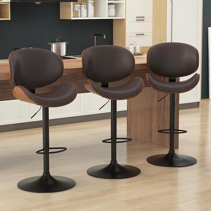 KCC Bar Stools, Swivel Adjustable Height Barstools, PU Leather Upholstered Bar Chairs with Footrest, Bentwood Bar Stool for Kitchen, Bar, Dining Room(Brown PU)