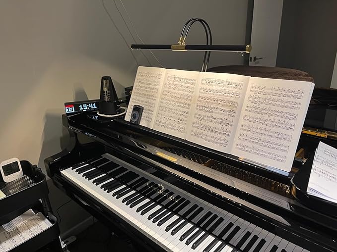 Cocoweb 22" LED Grand Piano Light in Black with Satin Nickel Accents and Dimmer Clip - Adjustable - LED - Bright - Clamps onto Music Boards .75" or Less - Dual Rotating Shades - Dimmable