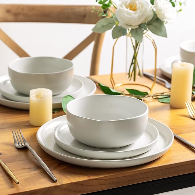 AmorArc Ceramic Dinnerware Sets, Wavy Rim Stoneware Plates and Bowls Sets, Highly Chip and Crack Resistant | Dishwasher & Microwave & Oven Safe Dishes set, Service for 4 (12pc)