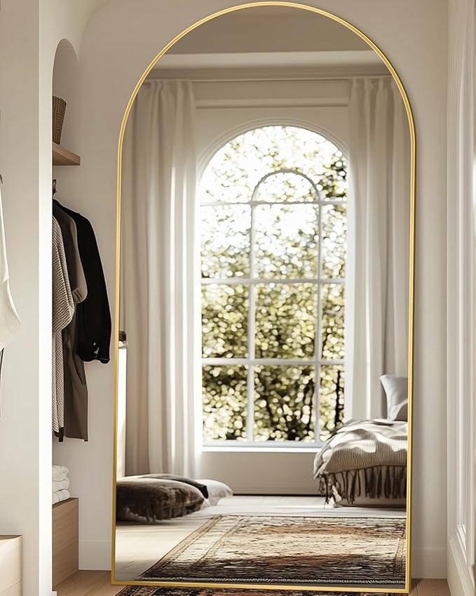 Full Length Mirror, 82"x44" Oversized Floor Mirror with Stand, Hanging or Leaning Full Body Mirrors Mirror for Bedroom, Living Room, Cloakroom, Arch, Gold