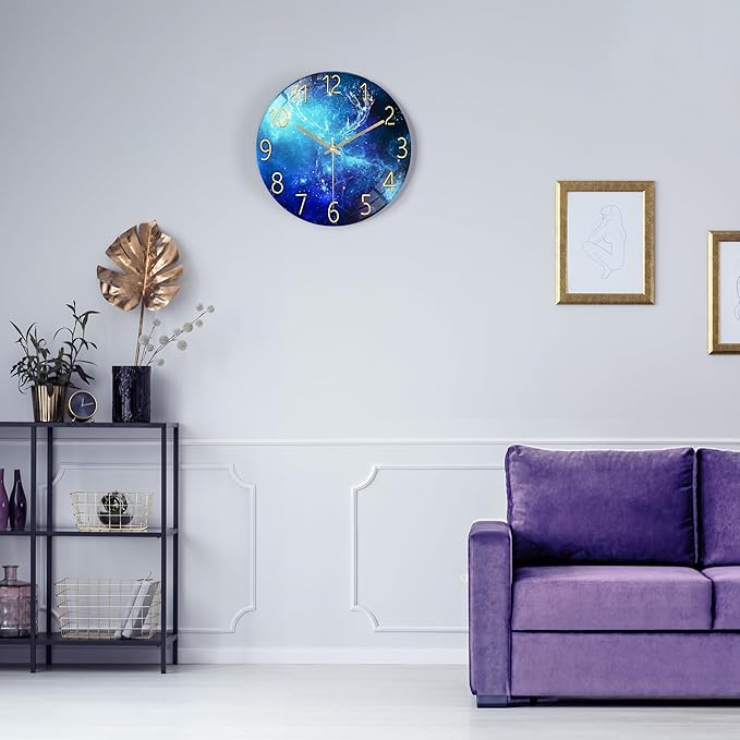 Lafocuse 12 Inch Blue Wall Clock Silent Non Ticking, Galaxy Glass Clocks Battery Operated for Living Room Bedroom Kitchen Decor, Deer Pattern