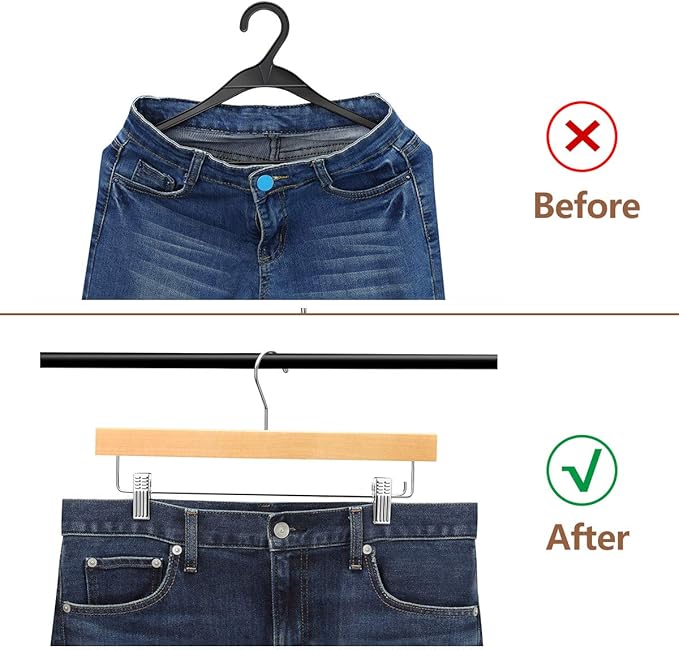 AMKUFO 20 Pack Natural Wooden Pants Hangers with Clips Non Slip Skirt Hangers Trouser Clamp Hanger Solid Wood Hanger with 360° Swivel Hook