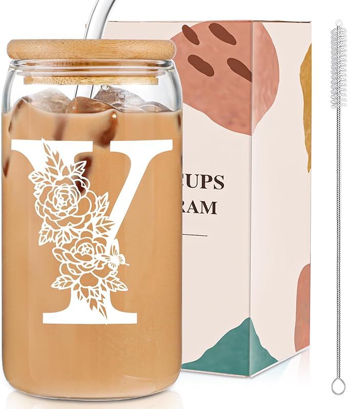 DWTS DANWEITESI Birthday Gifts for Women: Initial Glass Cup as Office Graduation Memorial Holiday Personalized Gifts - for Teacher Employee Nurse Coworkers Bridesmaid Bride - Y Aesthetic Cup