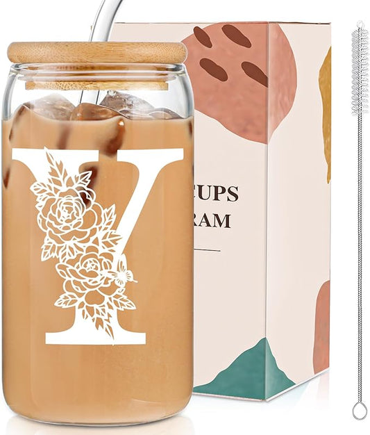 DWTS DANWEITESI Birthday Gifts for Women: Initial Glass Cup as Office Graduation Memorial Holiday Personalized Gifts - for Teacher Employee Nurse Coworkers Bridesmaid Bride - Y Aesthetic Cup