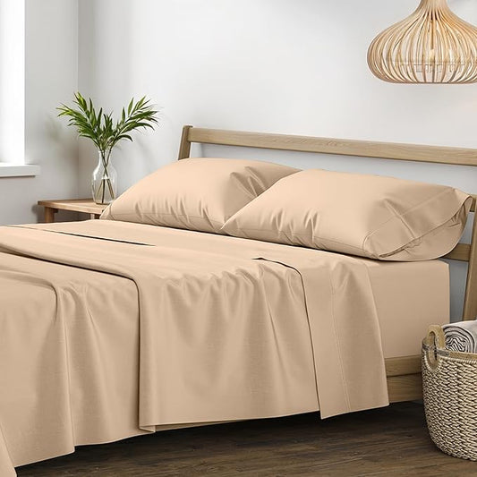 XOOX Linen 100% Egyptian Cotton Sheets California King Size - 1200 Thread Count 4 PC Cal King Egyptian Cotton, Soft, Cooling Sateen Weave, High Thread Count Sheets, Fits 17" Deep Pocket - Taupe