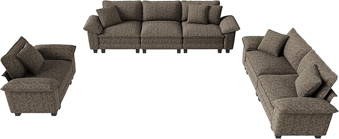 U-Shaped Cloud Modular Sofa Set, Deep Seat 3-Piece 6-Seater Sectional Couch & Removable Arms, Plush Chenille for Living Room - Smoky Gray