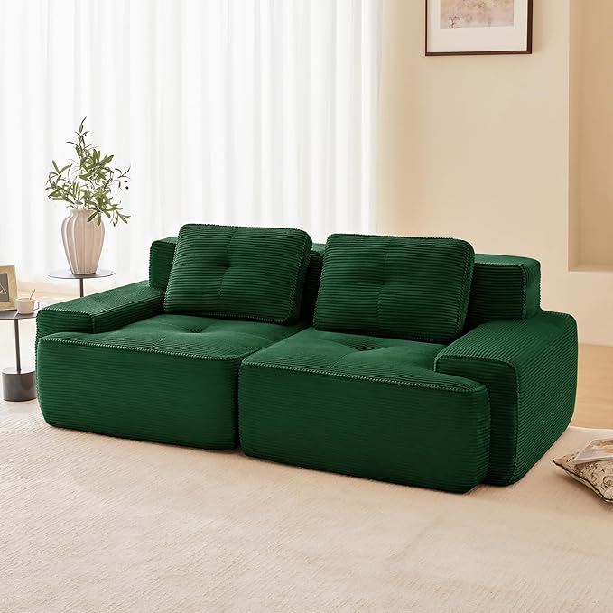 80" Modern Corduroy Boneless Love Seat Couches, 2 Seater Large Sectional Couches for Living Room, Green Cloud Modular Sectional Sofa, Memory Foam, Extra Deep Loveseat, No Assembly
