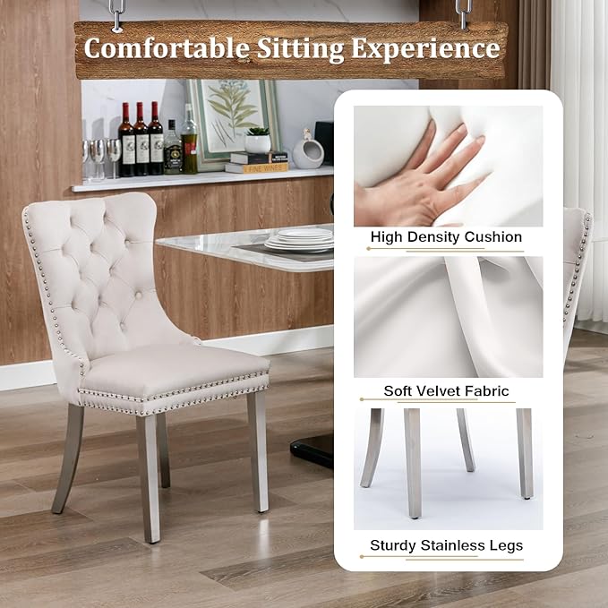 Goujxcy Round Dining Table Set for 4, Modern Glass Kitchen Table and Chairs Set of 4, 5-Piece Dining Room Table Set w/47 Circle Silver Glass Dining Table and 4 Upholstered Velvet Chairs
