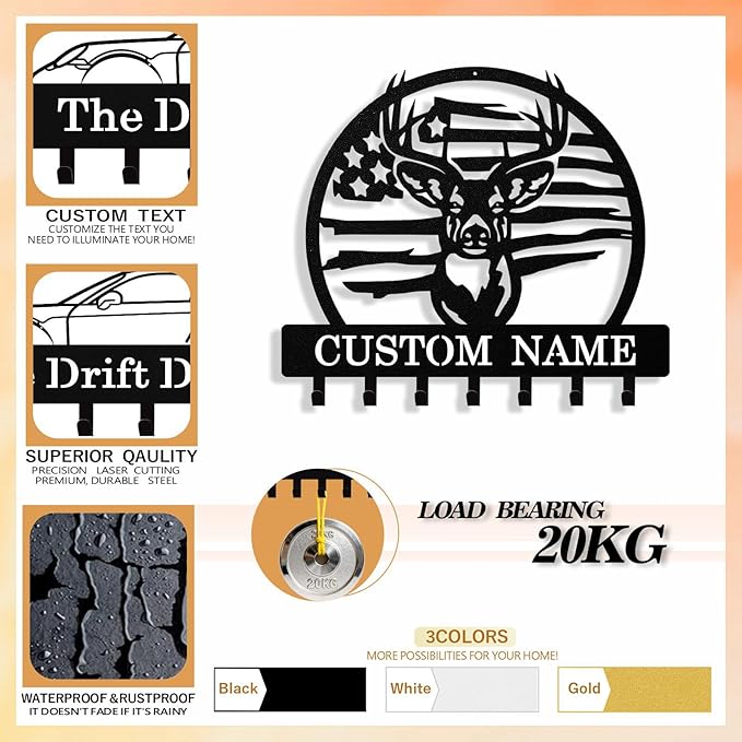 Personalized Deer Key Holder Wall Mount, Custom Metal Keys Hanger for Wall with Name, Custom Key Rack Holder with Hooks for Entryway, Front Door, Hallway, Living Room, Kitchen