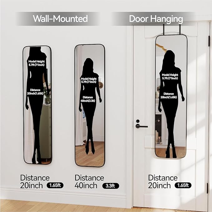 47x14 Mirror Full Body Length Door Hanging/Rope Hang/Wall Mounted Metal Frame Rectangle Mirrors for Bedroom Bathroom Dressing Living Room 47 inch Black