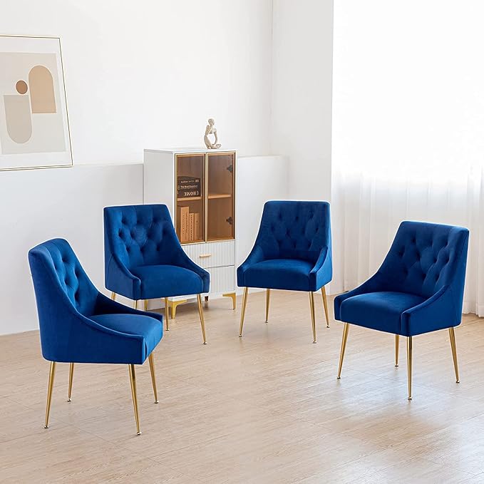 Modern Dining Chair Set of 4, Mid-Century Room Chair, Upholstered Comfortable Velvet with Back Pull Rod and Metal Legs for Kitchen, Dining, Living (Blue) (DYXSD)