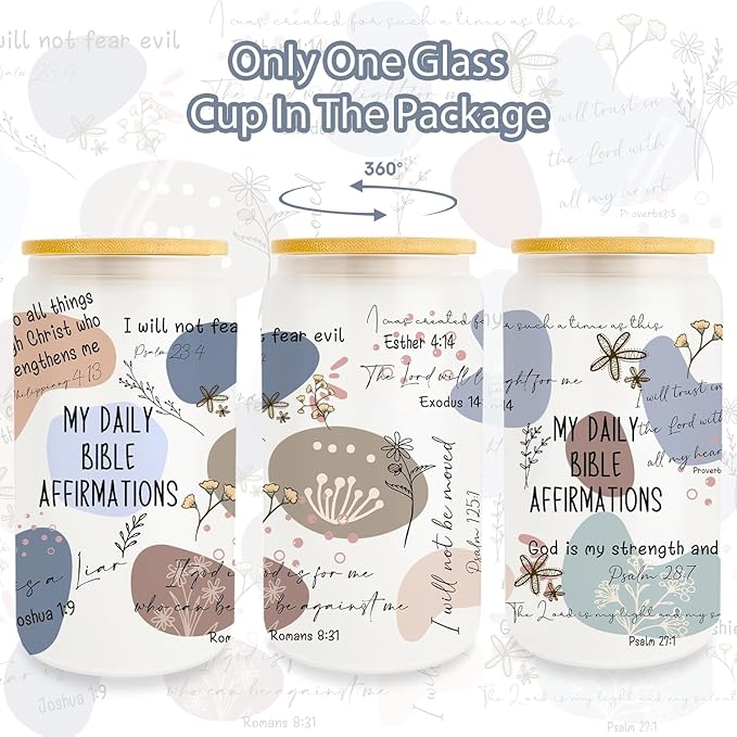 Christian Gifts for Women Friendship, 16 Oz Drinking Glass Cup With Lid and Straw, Affirmations Christian Prayer Gifts With Bible Verses, Faith Religious Gift