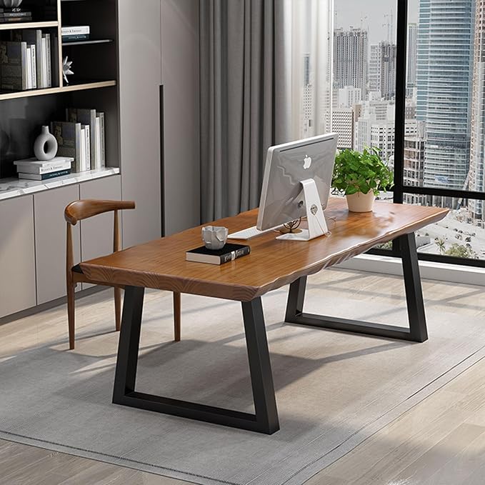 Solid Wood Administrative Computer Desk - Rustic Style Large Office Desk, Modern Minimalist Workstation for Home, Ideal for Learning, Writing, and Professional Use (Dark Yellow, 70.87in)