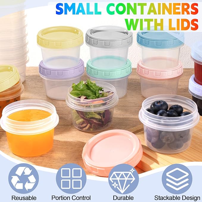 12pcs 4 oz Plastic Containers with Screw Lids, Reusable 1/2 Cup Small Food Storage Containers, Leakproof, Microwave Dishwasher Freezer Safe, with Pen and Brush