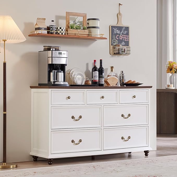 24" Wide Farmhouse Nightstand Set of 2, 54" 7 Drawers Dresser, 37" Tall Rustic Chests of Drawers w/ 4 Solid Wood Feet, Farmhouse Furniture Series for Living Room,Bedroom,White