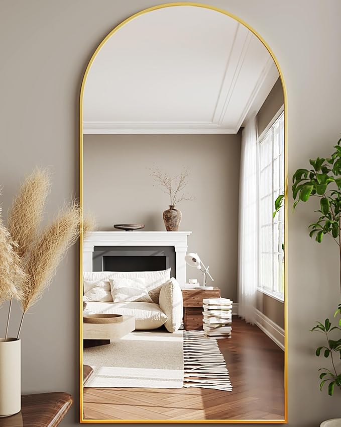 Full Length Mirror, 76"x34" Arched Floor Mirror Freestanding, Floor Standing Full Body Mirror with Stand for Bedroom, Hanging Mounted for Living Room Cloakroom, Gold