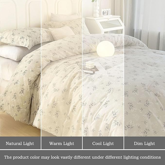 EAVD Boho Floral Comforter Set Full Size Beige Soft Washed Microfiber Bedding Comforter Set with 2 Pillowcases Chic Shabby Garden Floral Botanical Comforter Set for All-Season